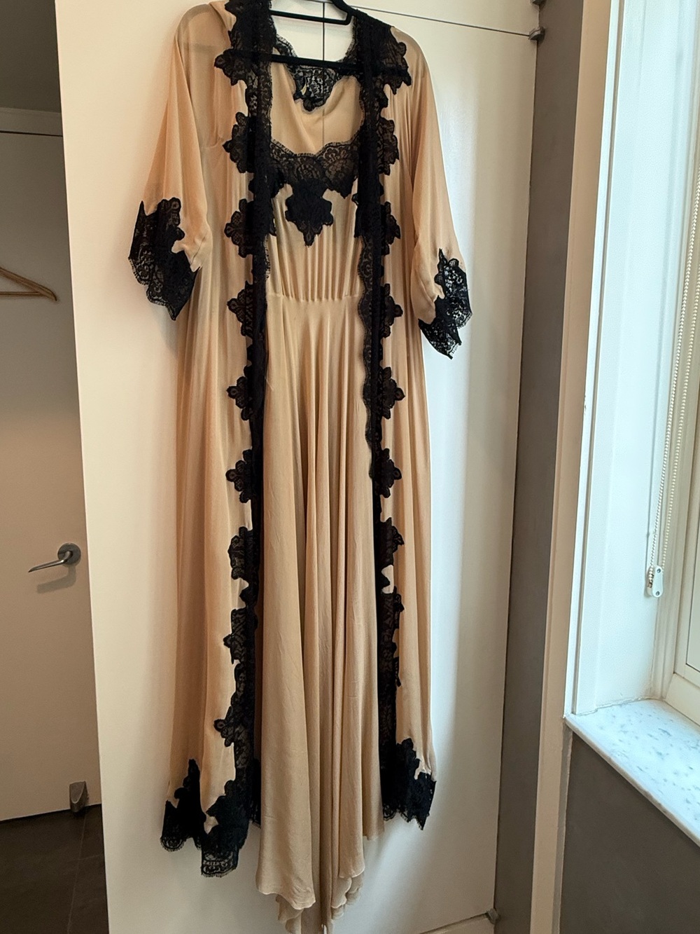 Beige and Black Lace Trim Long Robe and sleepgown- Elegant Women's Sleepwear
